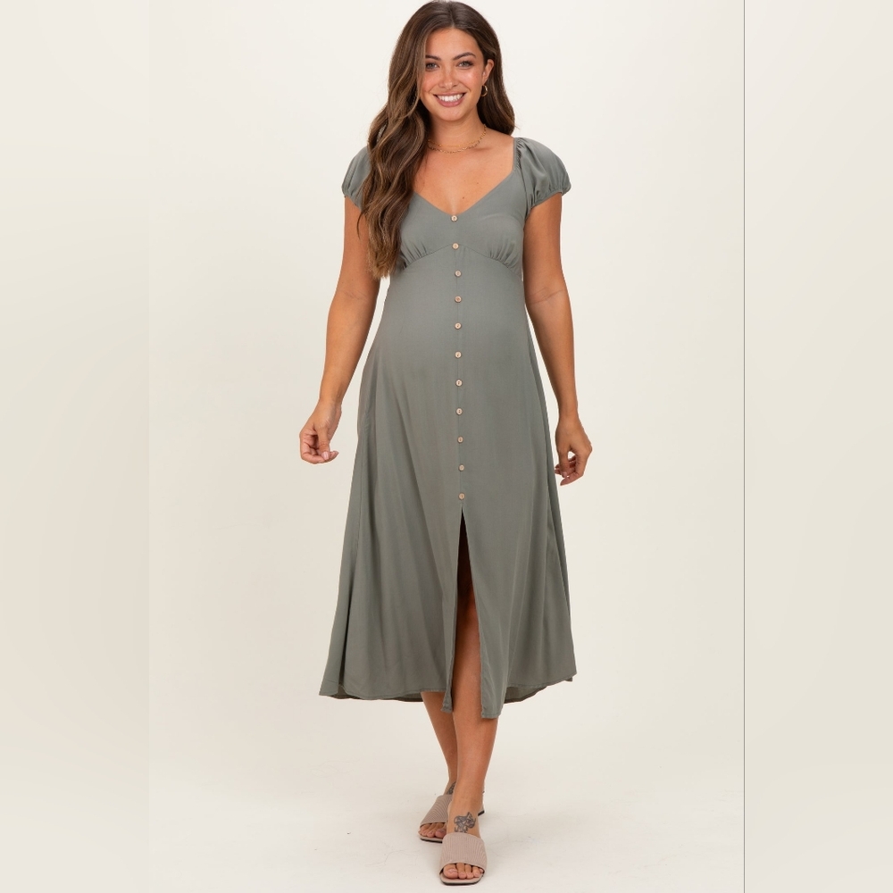 Pinkblush Olive Green Button-Front Midi Dress